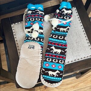Lazy One Blue and Brown Knit Slipper Socks